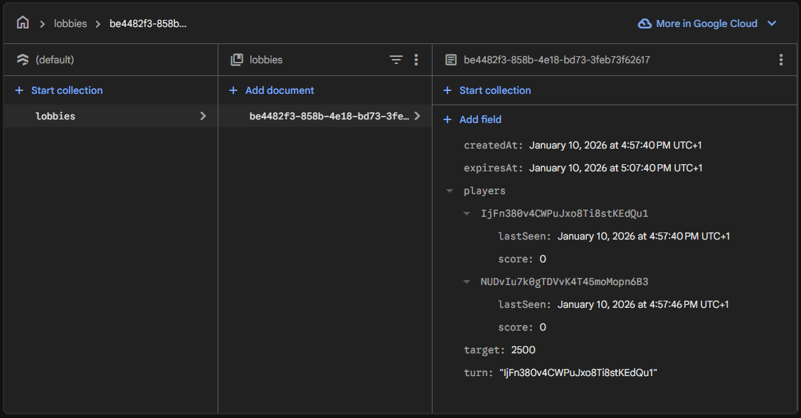 Screenshot of a Farkle lobby showing players, scores, and active turn